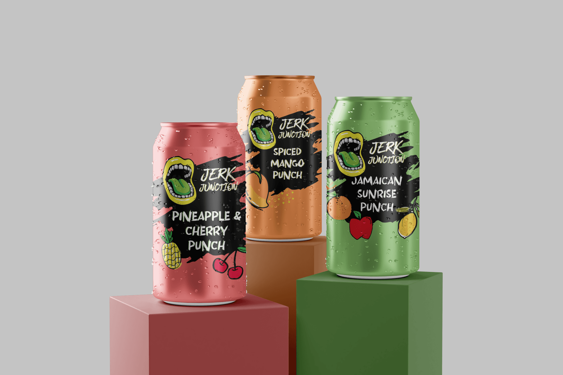 Three canned fruit punches on coloured plinths